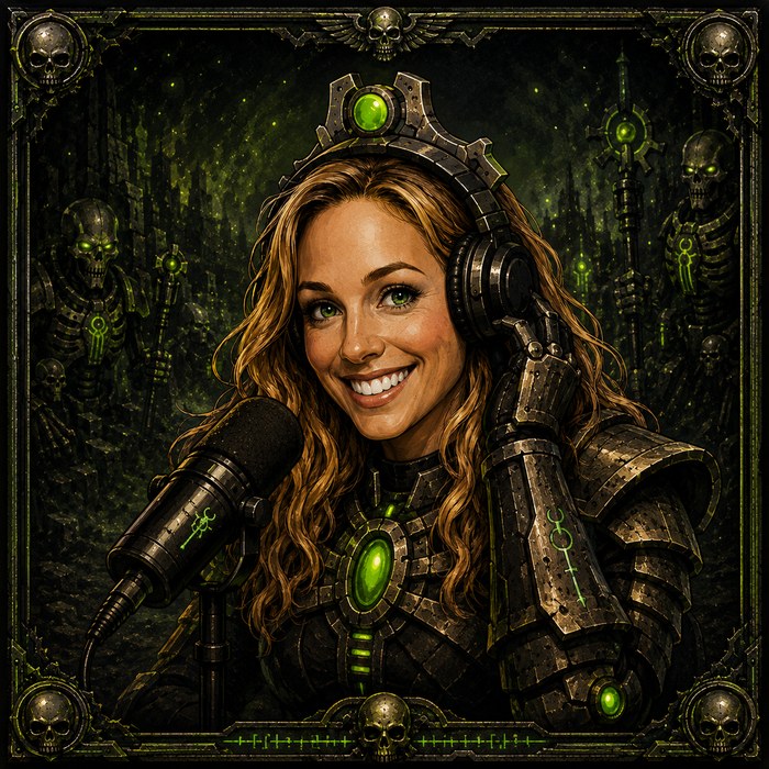 Caroline with green Necron-styled accents, headset on, mid-podcast